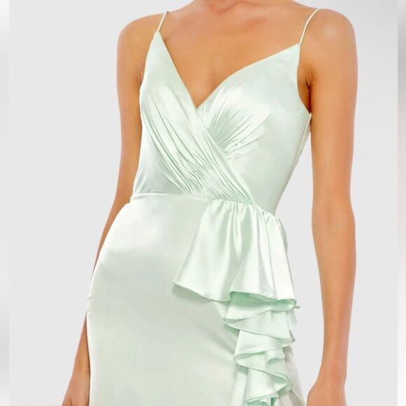 Mac Duggal Light Green Satin Ruffled Asymmetrical Gown slip dress maxi NWT 4 - Picture 4 of 14